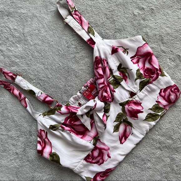 Guess Tops - Guess Rose Floral Print Bustier Smocked Tie Sleeveless Viscose Crop Top XS